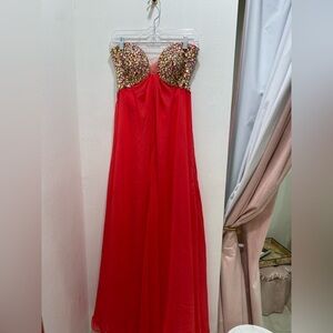 Red-Pink Strapless Gown with Gold Beaded Bodice